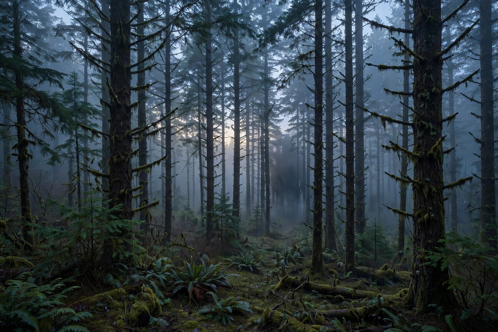 Bigfoot legend: a tall ape-like figure walking through a misty Pacific Northwest forest at dusk