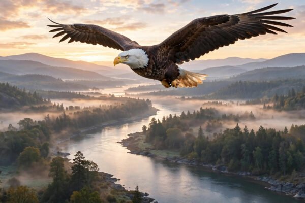 Where to see bald eagles: a bald eagle with spread wings flying over a winter river in the USA
