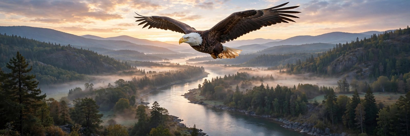 Where to see bald eagles: a bald eagle with spread wings flying over a winter river in the USA